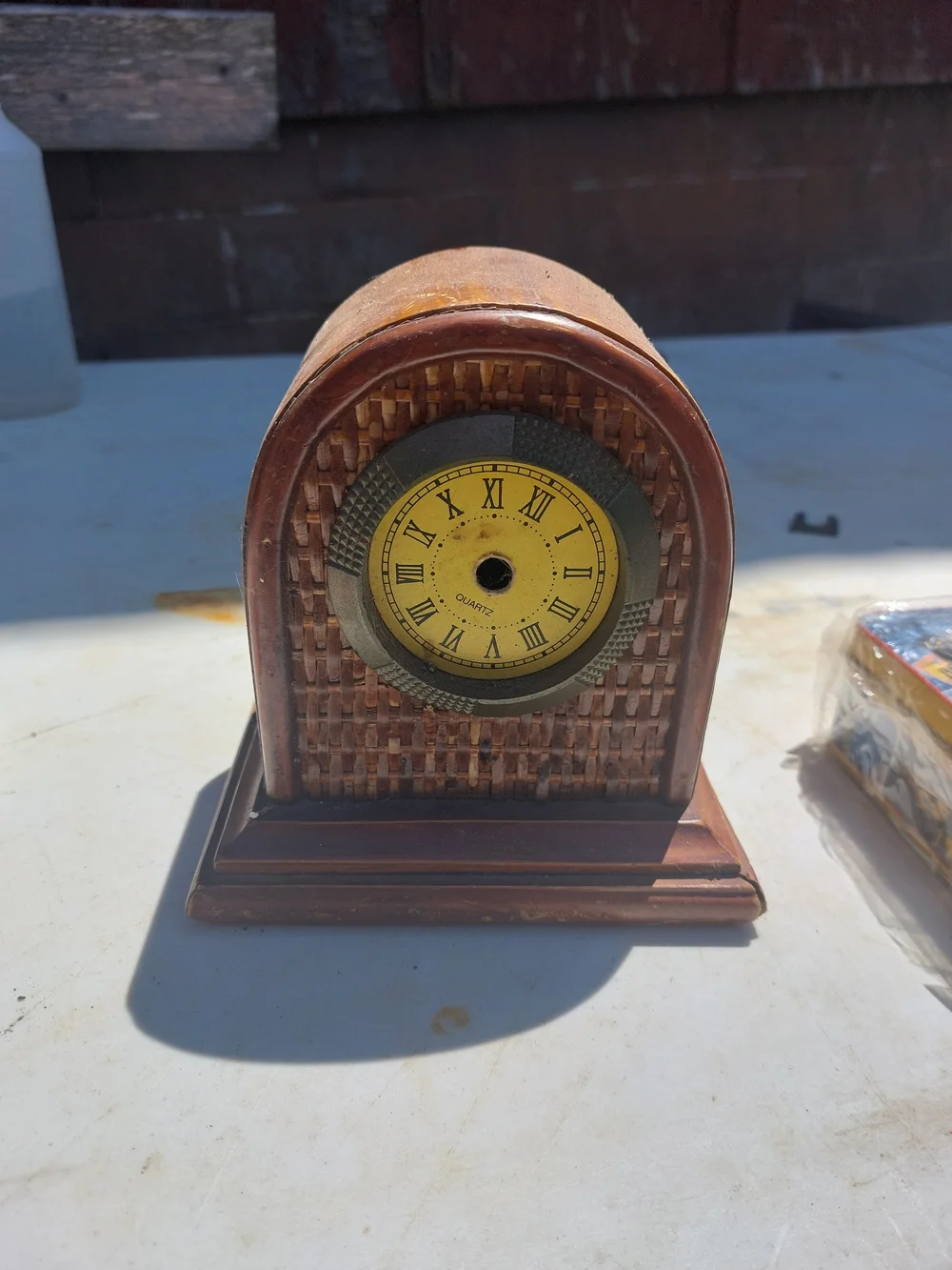 Brown Wood-Style Arch Wall Clock with Yellow Dial